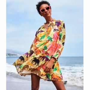 J Crew Tiered Popover Dress in Safari Ratti Linen Yellow